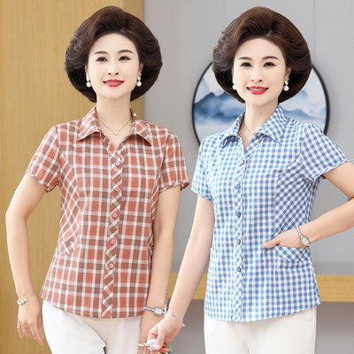 中老年夏装女短袖纯棉衬衫