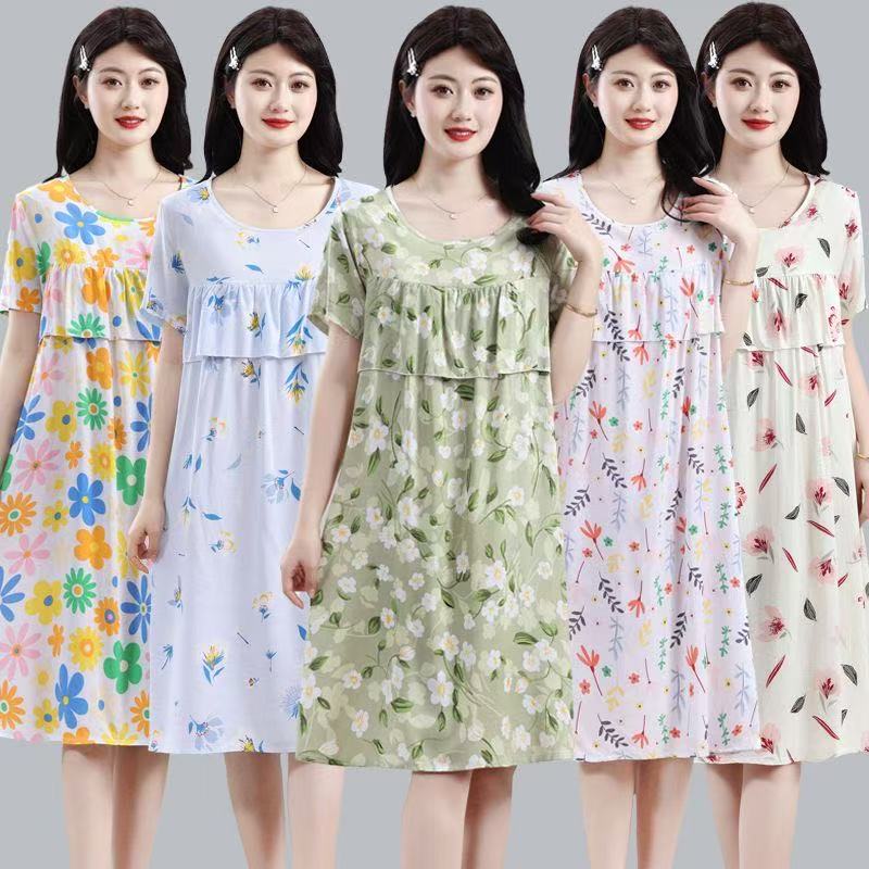 睡裙棉绸穿连衣裙夏天人造棉可外女士遮肚防凸点家居宽松夏装妈妈