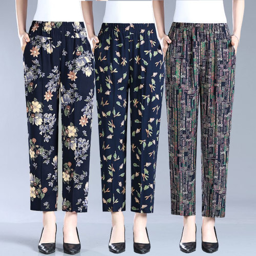 奶奶棉绸裤子中老年人造棉休闲九分裤女裤棉质妈妈夏季大码花裤子