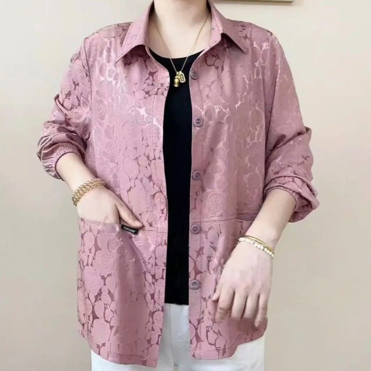 妈妈春夏装薄款衬衫外套新款提花上衣中老年女防晒服休闲洋气夹克