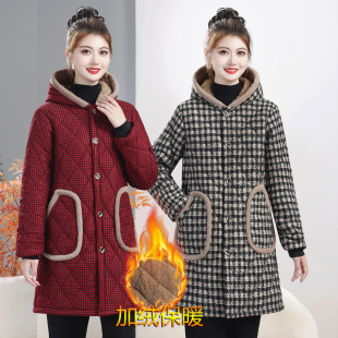 冬季女士中长款加绒保暖棉衣罩衣妈妈连帽加厚防寒棉服外套工作服