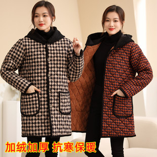 棉服衣妈妈装 冬季 罩衣中老年连帽韩版 加绒保暖时尚 外套上衣 中长款