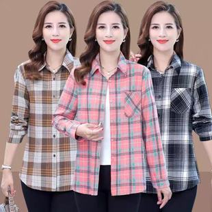 春夏新款中老年女装大码格子衬衫中年人洋气翻领外套妈妈棉质衬衣