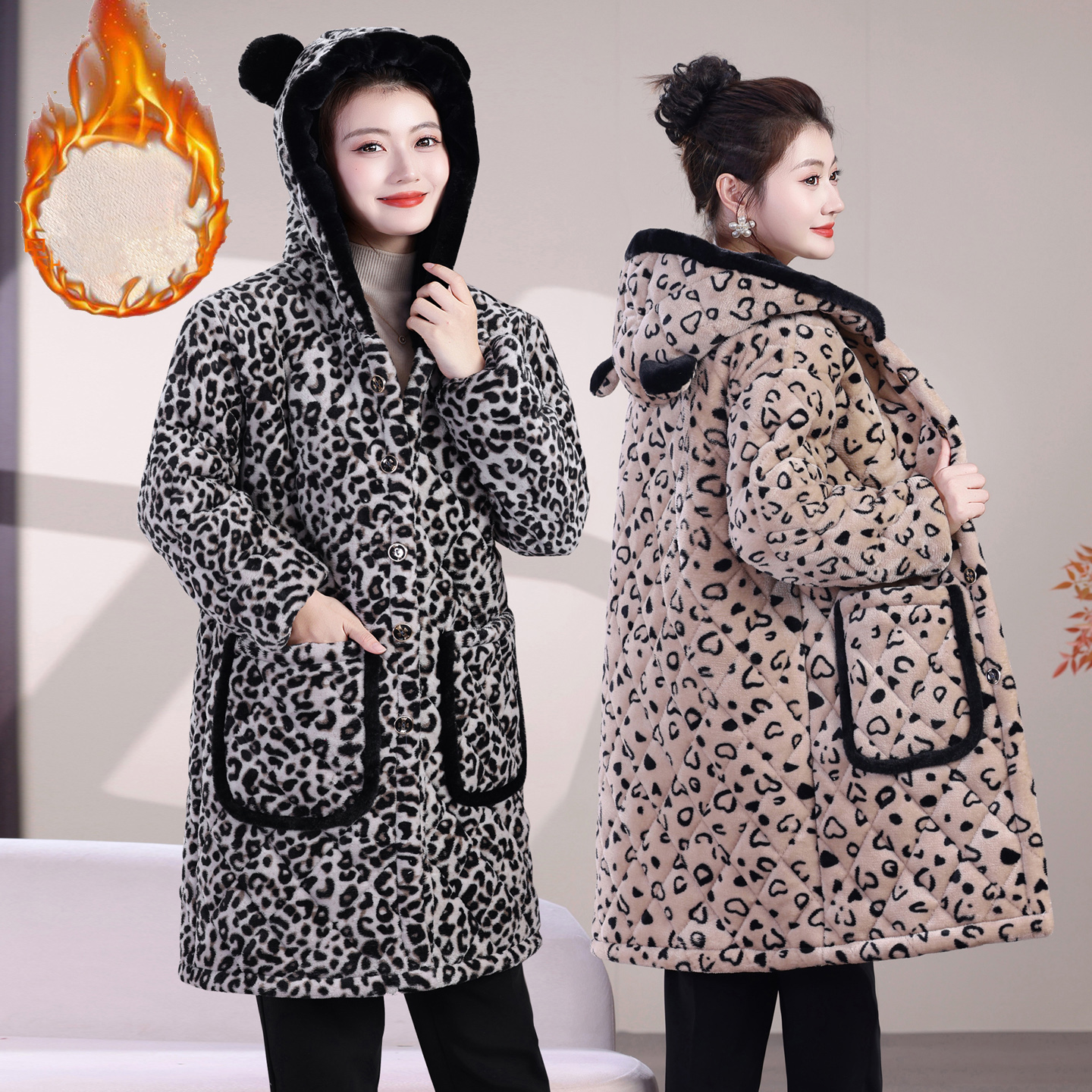 冬季时尚家居服长款加绒加厚棉衣加厚棉服保暖洋气女省服罩衣外套