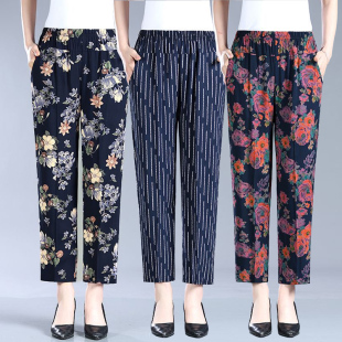 夏季 子奶奶妈妈棉绸裤 女裤 花裤 子 纯棉大码 中老年人造棉休闲九分裤