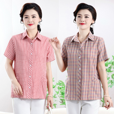 中老年人夏季格子衬衫棉女士洋气上衣妈妈夏装棉质短袖衬衣50岁