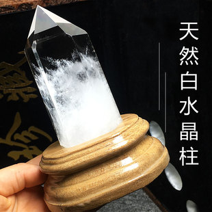 阿塞天然白水晶柱原石打磨单尖六棱柱彩虹蓝针送底座家居桌面摆件
