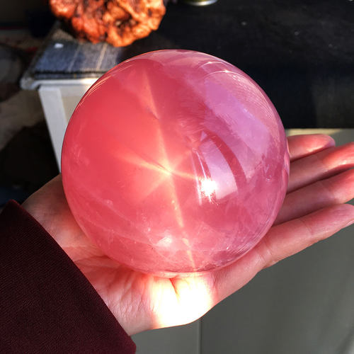 粉水晶球天然六芒星光摆件原石
