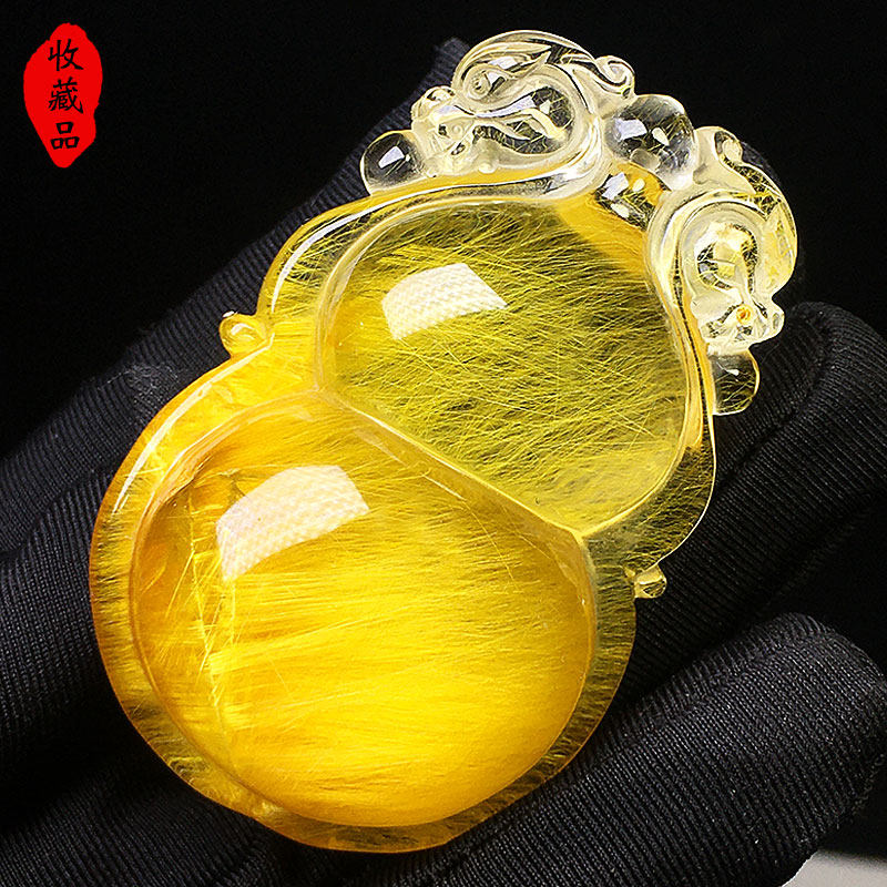天然金发晶钛晶吊坠红铜顺发兔毛幽灵雕刻葫芦狐狸观音貔貅手把件