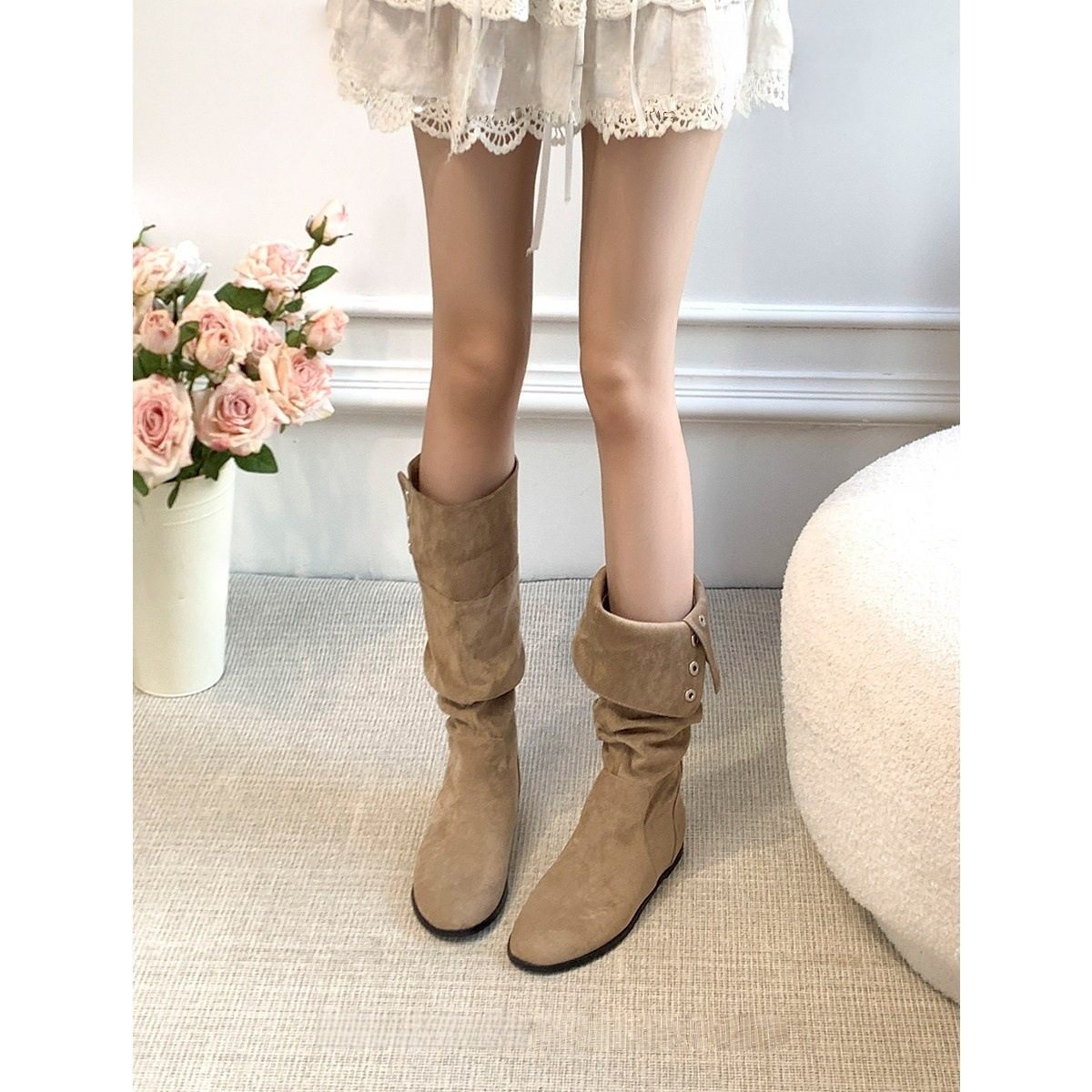 绒面长筒靴平底圆头两穿显瘦西部牛仔靴复古骑士靴女,女鞋,骑士靴,淘宝优惠券,粉丝福利购,淘宝优惠卷