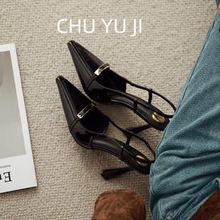 初遇季杨树林同款细跟性感包头凉鞋女气质浅口黑色漆皮高跟鞋夏