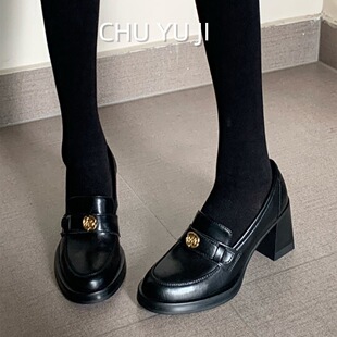 初遇季山茶花乐福鞋女英伦风覆古jk小皮鞋2025新款粗跟高跟单鞋