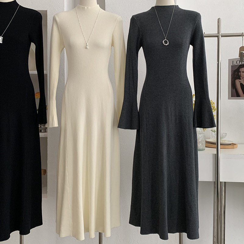 欧玛莱 立领气质显瘦纯色喇叭长袖针织连衣裙长款毛衣裙长裙 5526,女装/女士精品,连衣裙,淘宝优惠券,粉丝福利购,淘宝优惠卷