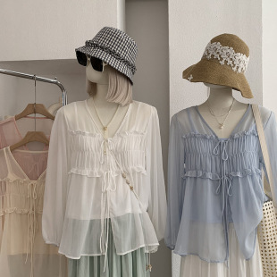 薄款 欧玛莱 女夏季 雪纺衫 配吊带两件套上衣批发7100 褶皱带V领长袖