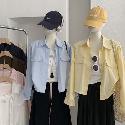 欧玛高 纯色翻领单排扣长袖衬衫叠搭字母刺绣背心两件套上衣 6396