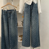 重工提花高腰直筒牛仔裤 长裤 女春季 欧玛莱 新款 宽松阔腿裤 潮 6460