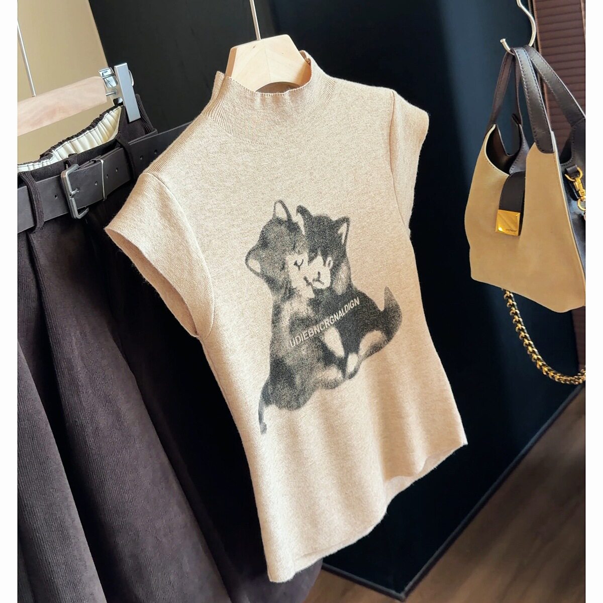 早秋新款半高领猫咪印花针织衫女修身显瘦小飞袖打底衫毛衣上衣潮