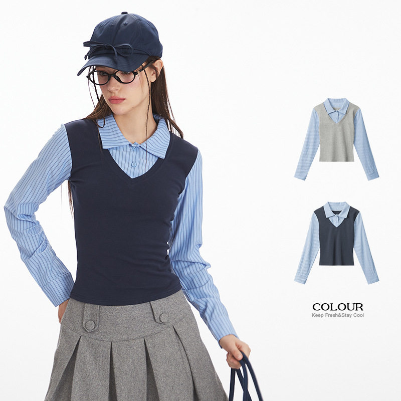 HeyHenry 学院假两件长袖T恤女美式短款秋季内搭修身辣妹衬衫上衣,女装/女士精品,T恤,淘宝优惠券,粉丝福利购,淘宝优惠卷