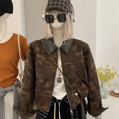 欧玛莱 撞色拼接翻领麂皮绒迷彩外套女2026新款夹克上衣实拍 6262