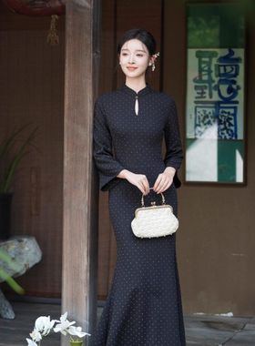 新款黑色旗袍高贵气质鱼尾裙日常聚会主持礼服长袖年轻款XL月