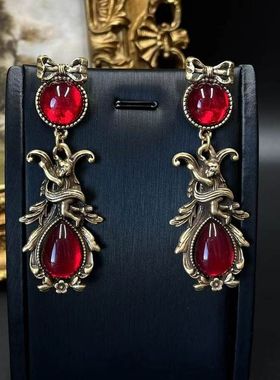 中古西洋古董红色琉璃耳坠复古金属重工做旧款蝴蝶结饰品耳饰RRJ