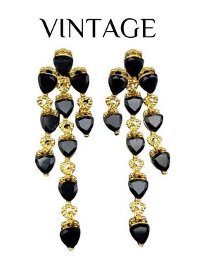 中古Vintage重工扫肩款 镶嵌黑色三角形K9手工玻璃气质耳夹XZY