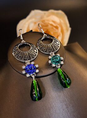 镂空图腾纹理蓝绿色云纹琉璃镶钻花朵耳钩女复古时尚小众耳饰GH