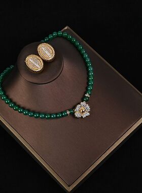 新中式绿色串珠琉璃天然石烧金电镀花朵合金吊坠项链耳钉套装GH