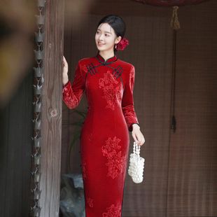 中式高端丝绒绣花旗袍女红色冬天结婚新娘敬酒服高级订婚XL月