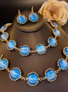 蓝色白色猫眼石花朵浮雕花纹底边耳钩手链项链首饰套装女饰品GH