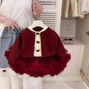 女童红色半身裙套装 tutu 2025秋冬周岁抓周礼服儿童宝宝洋气秋装
