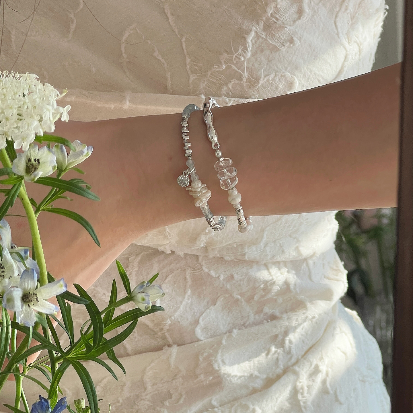 珍珠海蓝宝碎银子手链送女友礼物