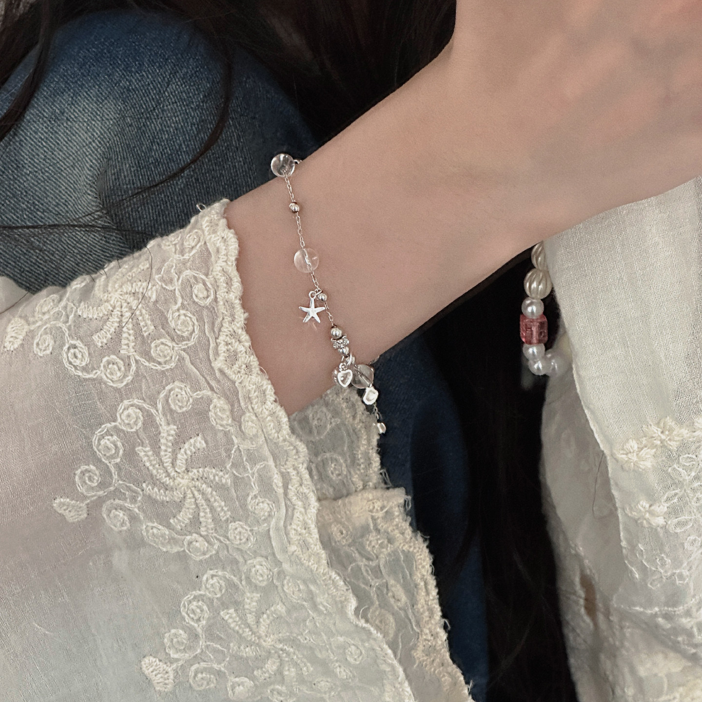 原创小众精致白水晶海星贝壳手链