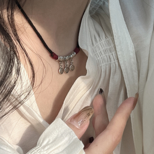 国风福气满满弯管s925银抽绳黑绳项链 新中式 一十七手作 原创设计