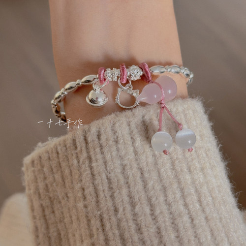 女s925银粉色葫芦可爱凯蒂猫手链