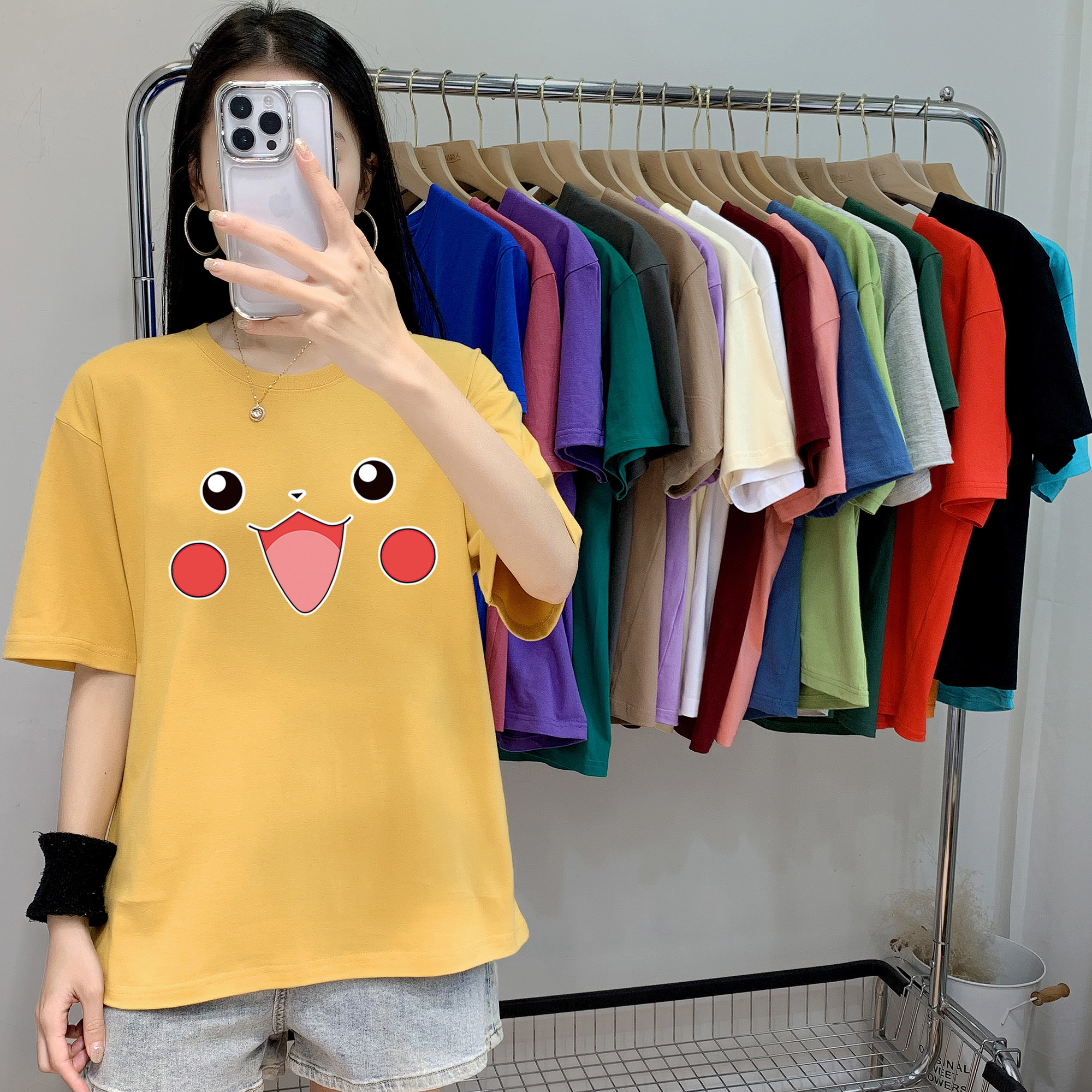 欧美卡通皮卡丘夏季纯棉短袖男女同款宽松大码上衣女外贸洋气潮流