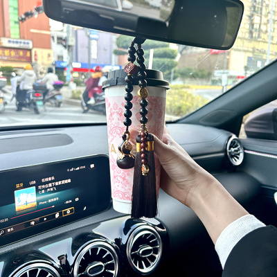 以谦堂天然紫檀镶铜百福葫芦汽车挂件平安流苏车载男女高档礼物