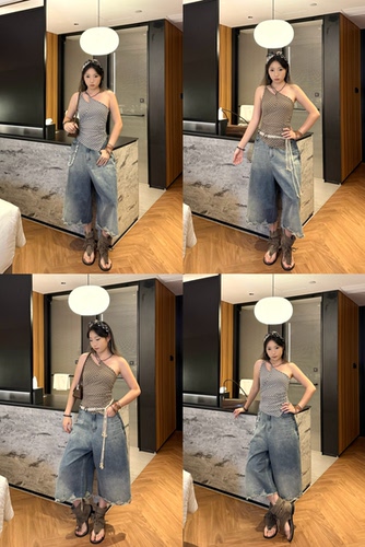 ZERO距离2026夏季新款设计感铆钉牛仔裤中裤女潮