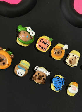 任民币|纯手工穿戴甲2024显白新款捏捏立体可爱卡皮巴拉 水獭美甲