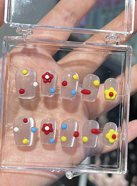 任民币｜彩色小花花猫眼手工穿戴甲可爱卡通美甲贴片成品包邮