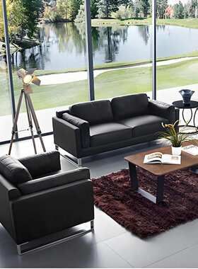 商务办公沙发茶几组合休闲黑色三人位公司大厅接待室会客休息区