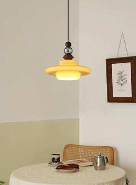 中古实木餐厅吊灯简约复古风奶油橙色玻璃灯罩餐桌灯具