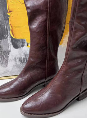 多尔斯曼褶皱咖啡色尖头粗跟秋冬加绒骑士靴50103.  3区2/2.2下