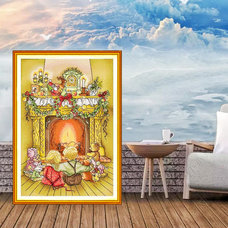新款清晰印花十字绣棉线满绣套件现代欧式图案圣诞节壁炉客厅挂画