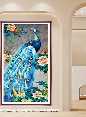 2023新款印花十字绣棉线满绣套件中国风系列蓝孔雀客厅玄关装饰画