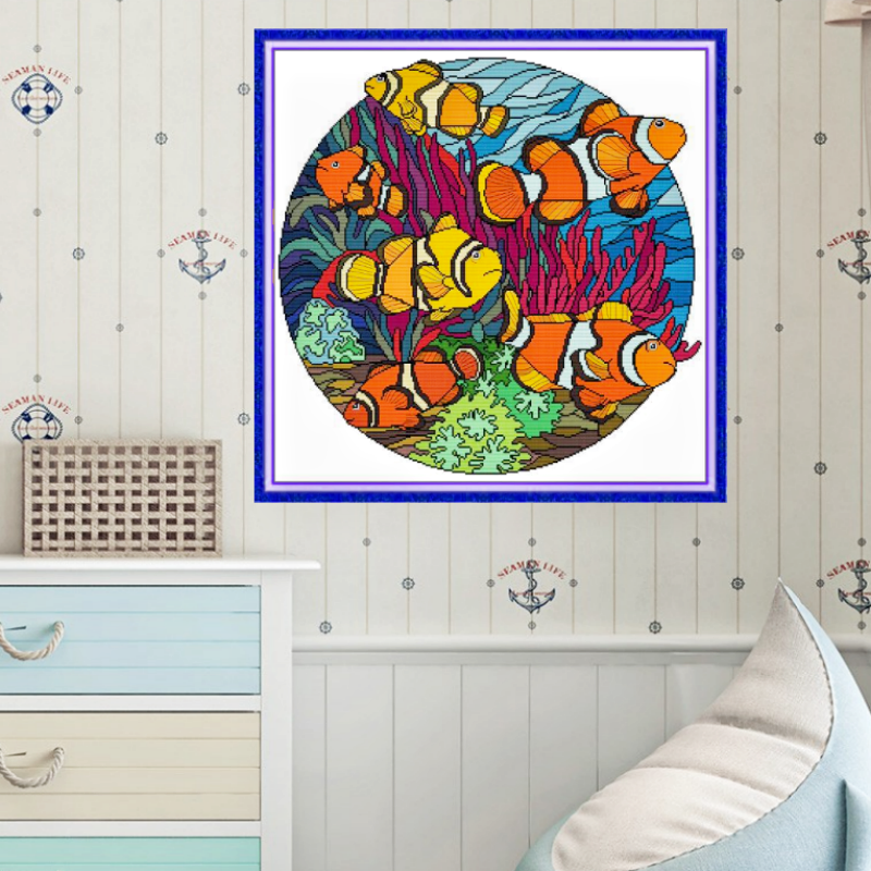 动物系列可爱小丑鱼印花十字绣棉线刺绣装饰画材料包客厅儿童房间图片