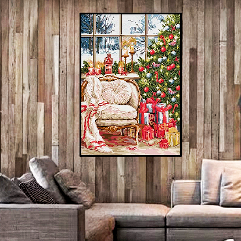 圣诞节之窗前雪景新款十字绣棉线满绣套件欧式风景客厅卧室装饰画