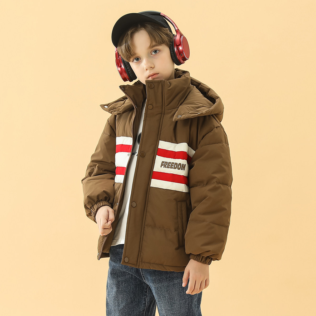 【5折特卖】棉服冬季加厚男童保暖2025儿童连帽棉衣咖色休闲棉袄