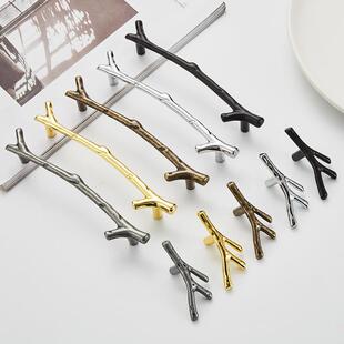现代欧式锌合金橱柜抽屉柜门拉手生态园复古银亮黑酒店树枝拉手