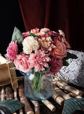 厂家 玫瑰大丽花束仿真花外贸假花家居婚庆家居装饰品GF15538